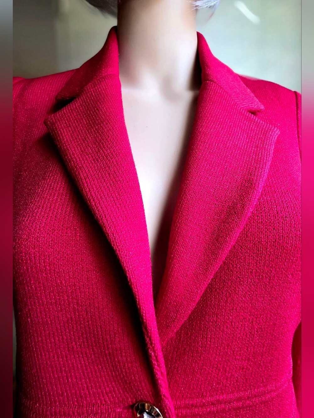 St John Collection Marie Gray Red Long Knit Jacket Coat Gold Buttons Sz 6 - Picture 3 of 10